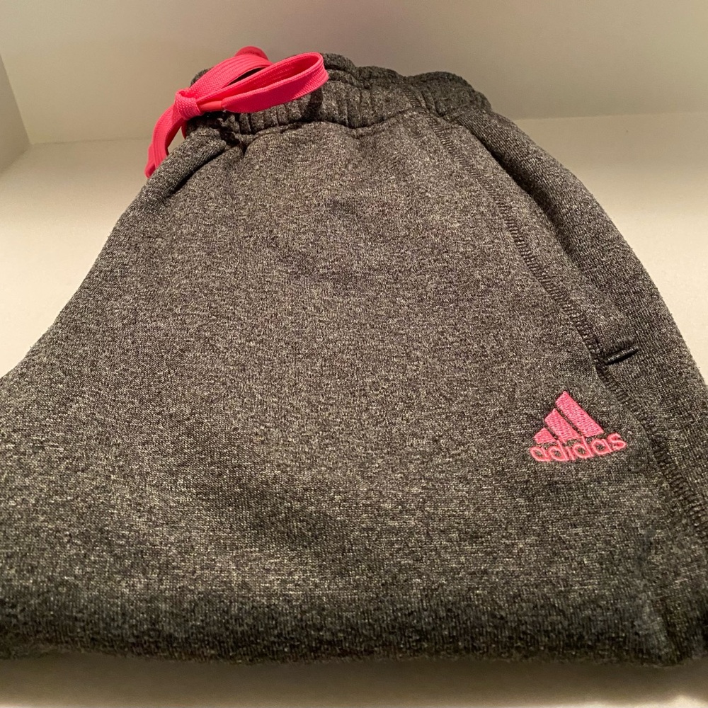 Adidas Gray Sweatpants with Pink Logo and Elastic Waistband